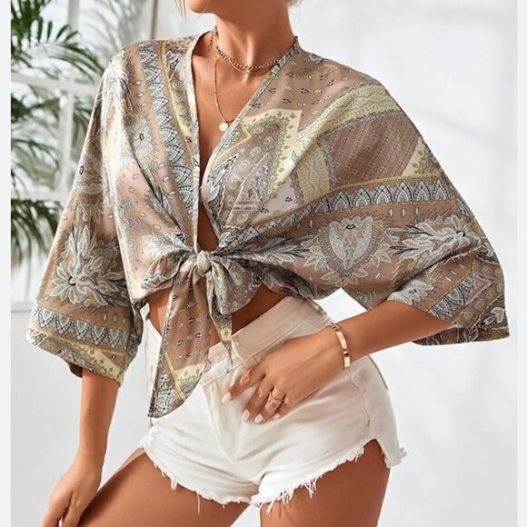 Boho Women's Beige Tie Front‎ Crop Silk Blouse sheer shirt - Picture 1 of 4